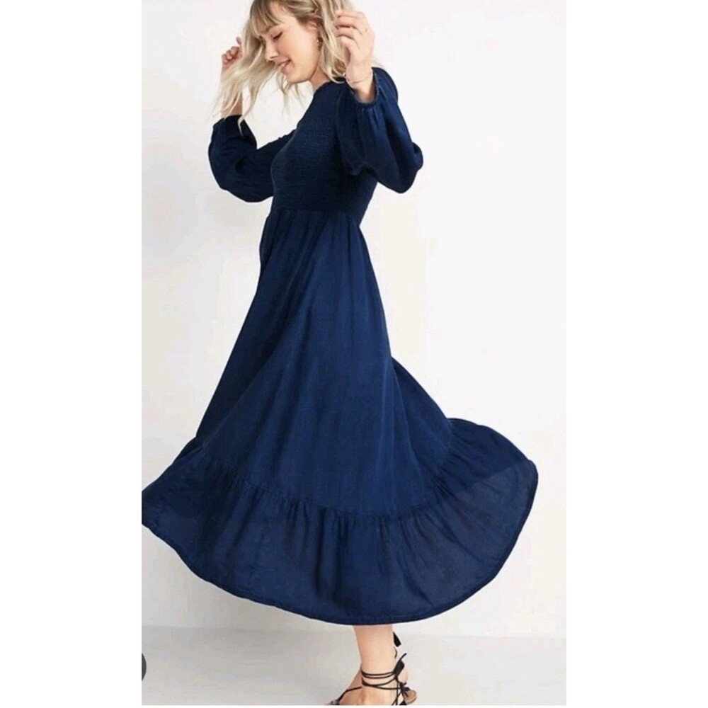 Old Navy Womens Smocked Bodice Maxi Dress Tiered Denim Lyocell Small Tall